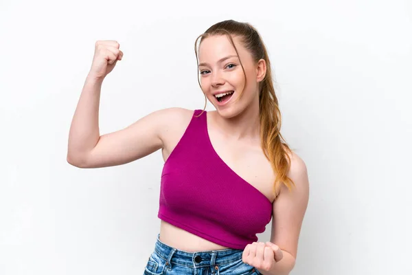 Young Caucasian Girl Isolated White Background Celebrating Victory — Stock Photo, Image