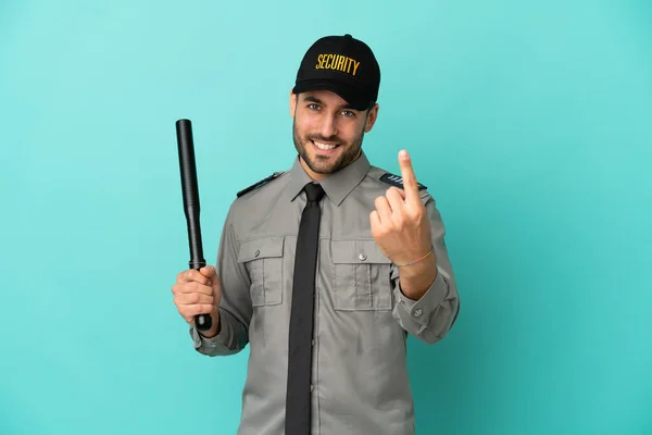 Young Security Man Isolated Blue Background Doing Coming Gesture — Foto Stock