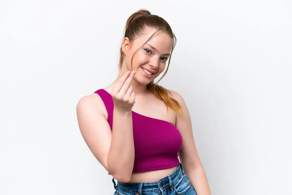 Young Caucasian Girl Isolated White Background Making Money Gesture — Stock Photo, Image