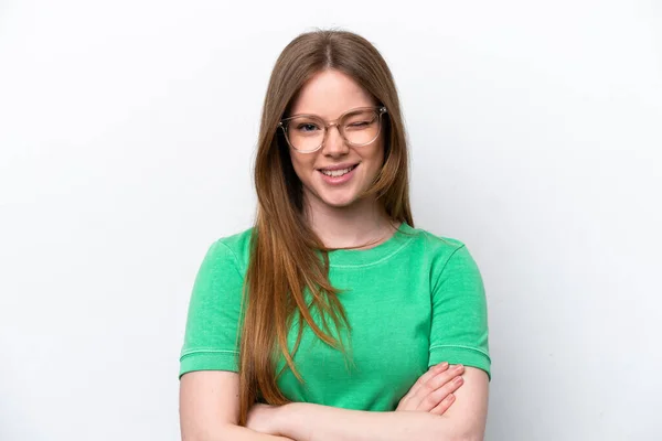 Mulher Caucasiana Jovem Isolado Fundo Branco Com Óculos Expressão Feliz — Fotografia de Stock