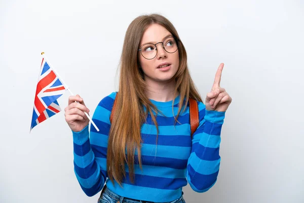 Junge Kaukasische Frau Mit Einer Britischen Flagge Auf Weißem Hintergrund — Stockfoto