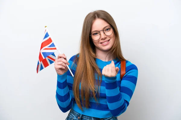 Mulher Caucasiana Jovem Segurando Uma Bandeira Reino Unido Isolada Fundo — Fotografia de Stock