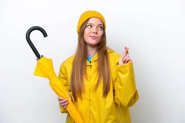 Mujer Joven Caucásica Con Abrigo Impermeable Paraguas Aislado Sobre Fondo —  Fotos de Stock
