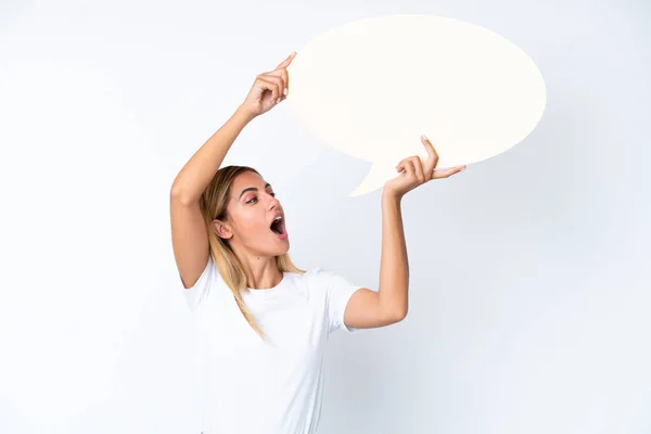 Loira Uruguaia Menina Isolada Fundo Branco Segurando Uma Bolha Fala — Fotografia de Stock