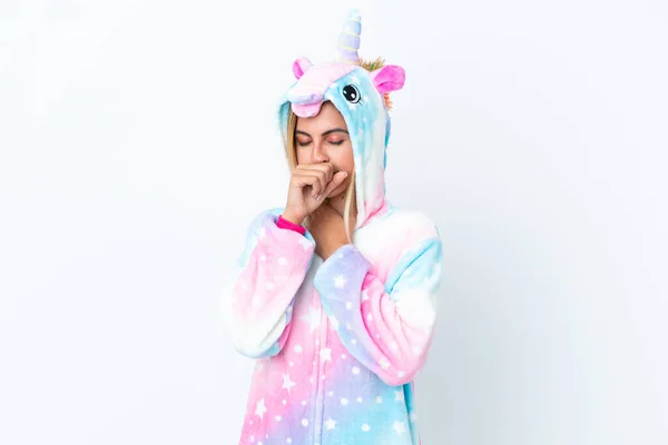 Chica Rubia Uruguaya Vistiendo Pijama Unicornio Aislado Sobre Fondo Blanco — Foto de Stock