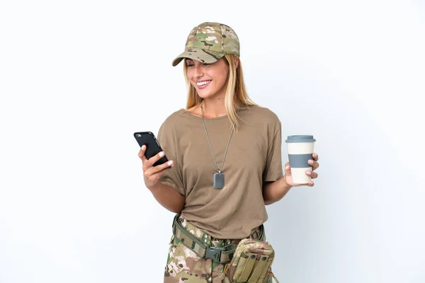 Military woman with dog tag isolated on white background holding coffee to take away and a mobile