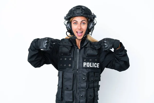 Swat Caucasian Woman Isolated White Background Surprise Facial Expression — Stock Photo, Image