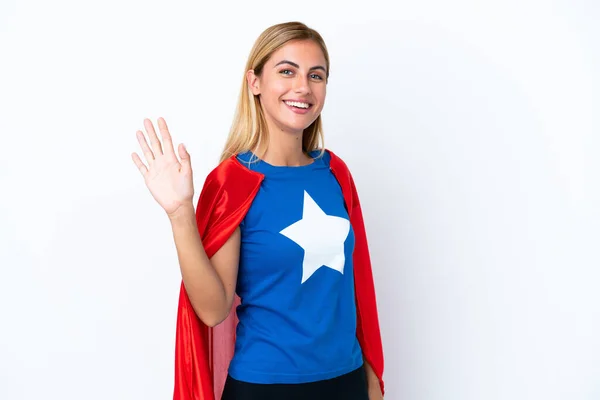 Super Hero Kaukaska Kobieta Izolowane Tło Salutowanie Ręki Happy Expression — Zdjęcie stockowe