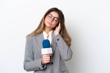 Young caucasian TV presenter woman isolated on white background with headache