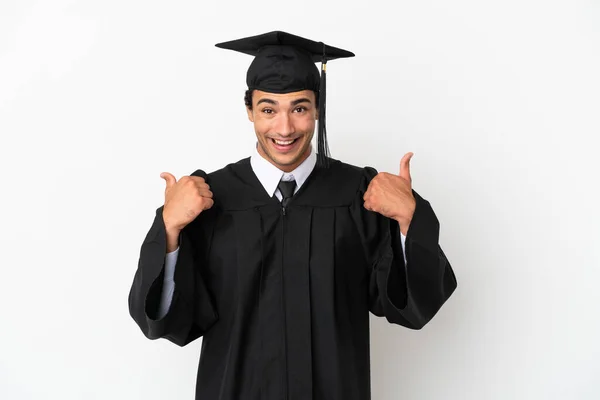 Graduação Universitária Jovem Sobre Fundo Branco Isolado Com Polegares Para — Fotografia de Stock