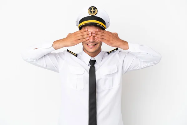Airplane Pilot Isolated White Background Covering Eyes Hands — Foto Stock