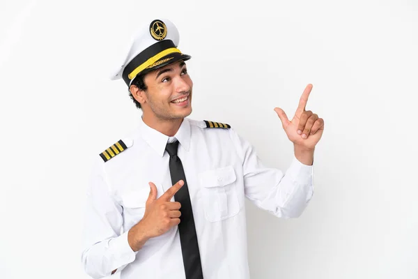Airplane Pilot Isolated White Background Pointing Index Finger Great Idea — Stock Photo, Image