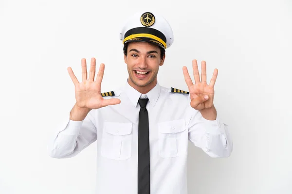 Airplane Pilot Isolated White Background Counting Nine Fingers — Stockfoto