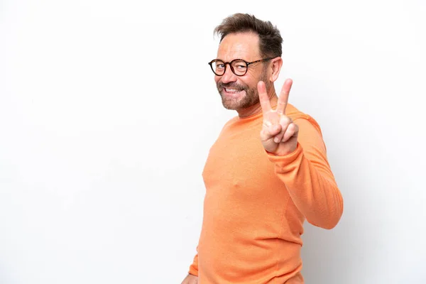 Hombre Caucásico Mediana Edad Aislado Sobre Fondo Blanco Sonriendo Mostrando — Foto de Stock