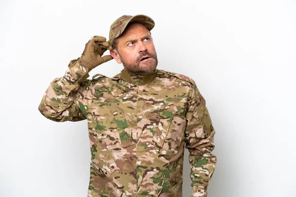 Military Man Isolated White Background Having Doubts Confuse Face Expression — Stockfoto