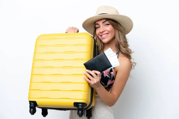 Mädchen Badeanzug Sommerurlaub Isoliert Auf Weißem Hintergrund Urlaub Mit Koffer — Stockfoto