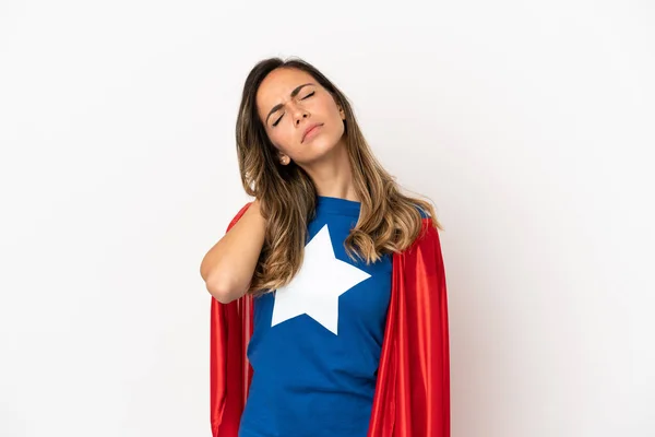 Super Hero woman over isolated white background with neckache