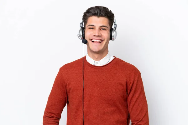 Telemarketer Caucasian Man Working Headset Isolated White Background Laughing — Stock Photo, Image