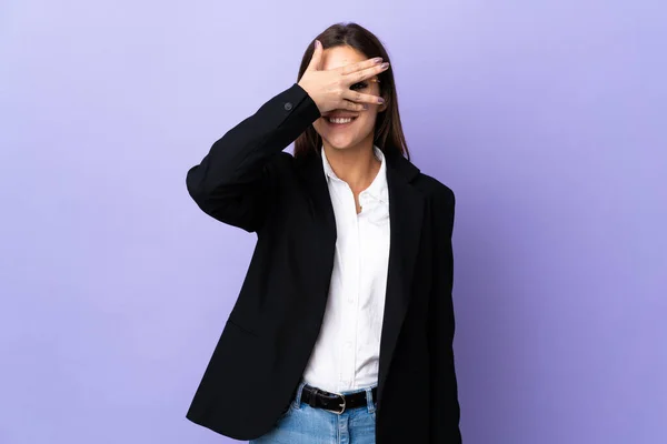 Business Woman Isolated Purple Background Covering Eyes Hands Smiling — Stock Photo, Image