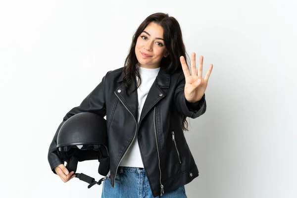 白い背景に隔離されたオートバイのヘルメットを持っている女性幸せとカウント4とともに指 — ストック写真