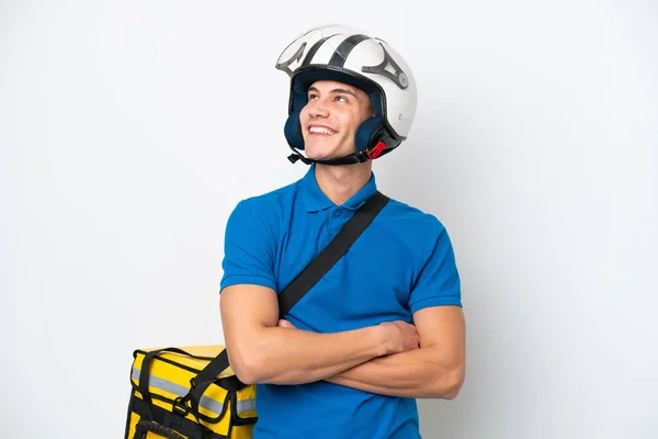 Young Caucasian Man Thermal Backpack Isolated White Background Looking While — Stockfoto