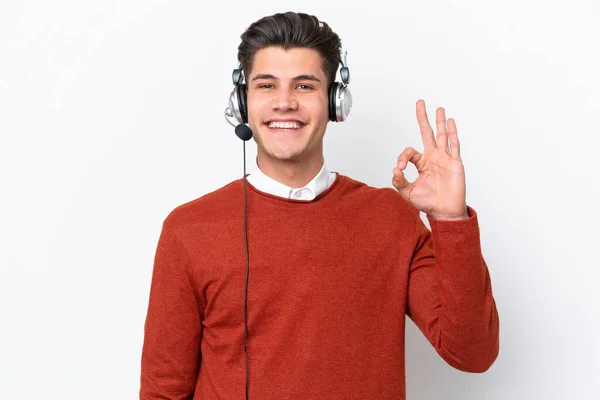 Telemarketer Caucasian Man Working Headset Isolated White Background Showing Sign — Stockfoto