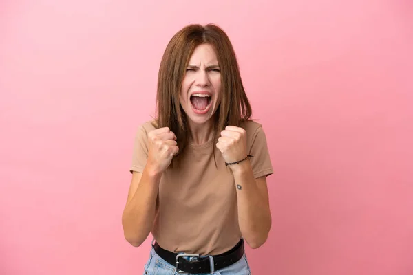 Jong Engels Vrouw Geïsoleerd Roze Achtergrond Gefrustreerd Door Een Slechte — Stockfoto