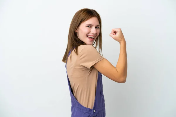 Jong Engels Vrouw Geïsoleerd Witte Achtergrond Doen Sterke Gebaar — Stockfoto