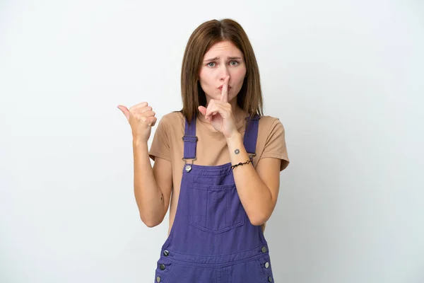 Jonge Engelse Vrouw Geïsoleerd Witte Achtergrond Wijzen Naar Zijkant Het — Stockfoto