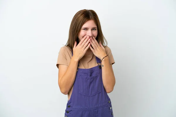 Young English Woman Isolated White Background Happy Smiling Covering Mouth — Stockfoto