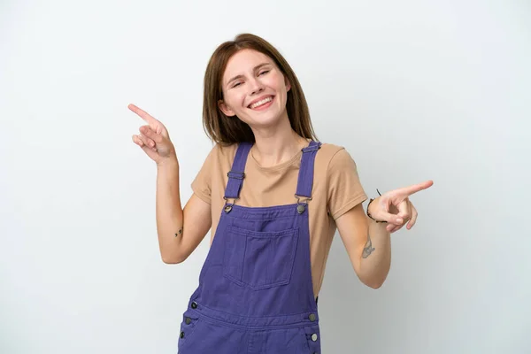 Young English Woman Isolated White Background Pointing Finger Laterals Happy — Zdjęcie stockowe