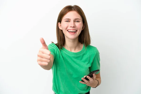 Jong Engels Vrouw Geïsoleerd Witte Achtergrond Met Behulp Van Mobiele — Stockfoto