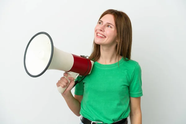 Young English Woman Isolated White Background Holding Megaphone Looking While — ストック写真