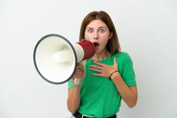 Jong Engels Vrouw Geïsoleerd Witte Achtergrond Schreeuwen Door Een Megafoon — Stockfoto