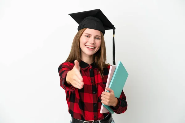 Young English Student Woman Isolated White Background Shaking Hands Closing — Foto Stock