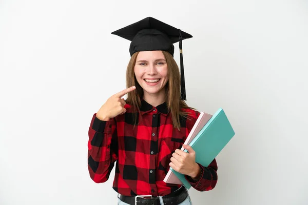 Jovem Estudante Inglesa Mulher Isolada Fundo Branco Dando Gesto Polegar — Fotografia de Stock