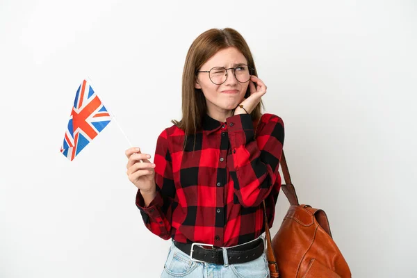 Junge Frau Mit Einer Britischen Flagge Auf Blauem Hintergrund Die — Stockfoto