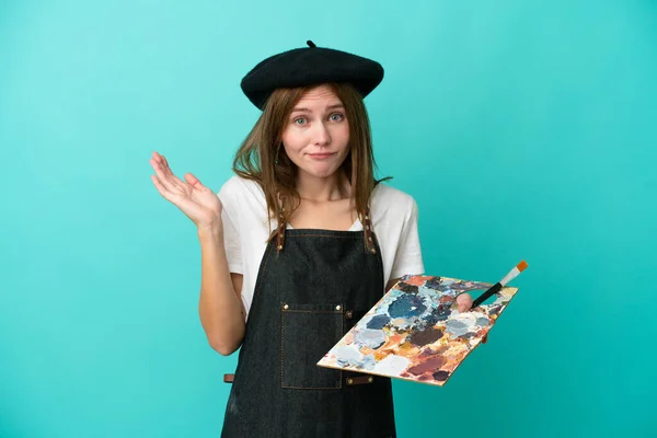 Young Artist English Woman Holding Palette Isolated Blue Background Having — Stock Photo, Image