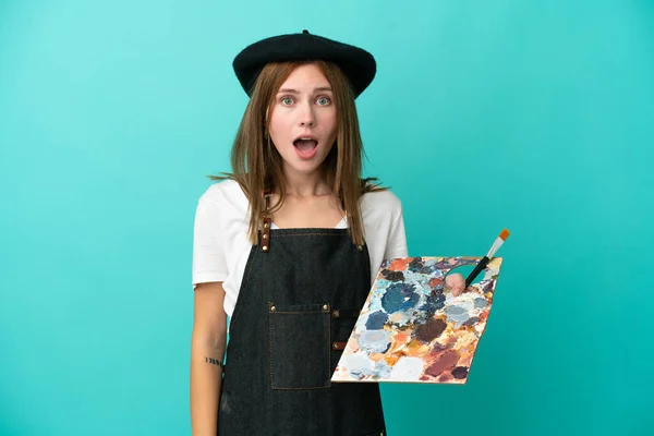 Jovem Artista Inglesa Segurando Uma Paleta Isolada Fundo Azul Com — Fotografia de Stock