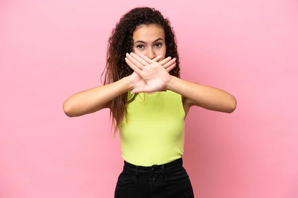 Young Hispanic Woman Isolated Pink Background Making Stop Gesture Her — Stockfoto