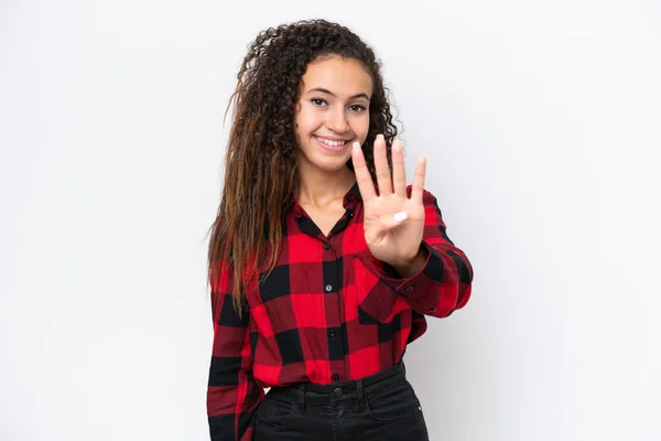 Mladý Arab Žena Izolovaný Bílém Pozadí Šťastný Počítání Čtyři Prsty — Stock fotografie