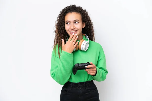 Mujer Árabe Joven Jugando Con Controlador Videojuegos Aislado Sobre Fondo —  Fotos de Stock