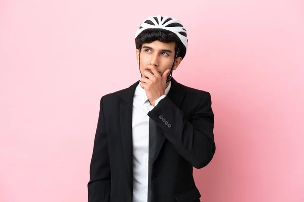 Argentinian Businessman Bike Helmen Isoleted Pink Background — Stock Photo, Image