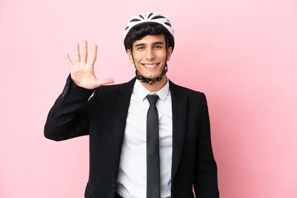 Argentijnse Zakenman Met Fiets Helmen Isoleted Roze Achtergrond — Stockfoto