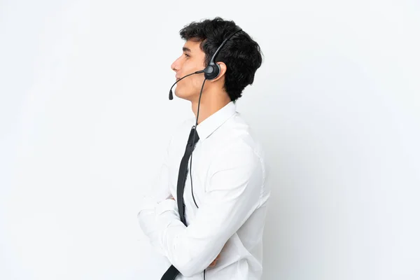 Telemarketer Man Working Headset Isolated White Background Lateral Position — Stock Photo, Image