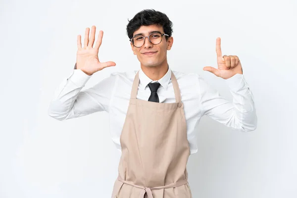 Restaurant Argentinian Waiter Isolated White Background Counting Seven Fingers — Stock Photo, Image