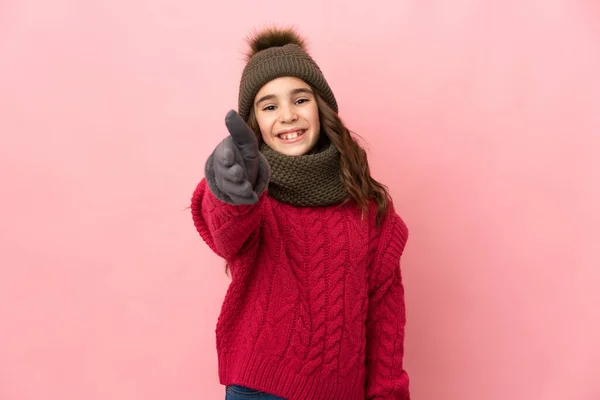 Little Girl Winter Hat Isolated Pink Background Shaking Hands Closing — Photo