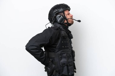 Brazilian soldier man isolated on white background suffering from backache for having made an effort
