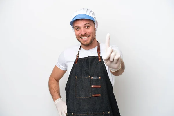 Fishmonger Man Wearing Apron Isolated White Background Showing Lifting Finger — Zdjęcie stockowe