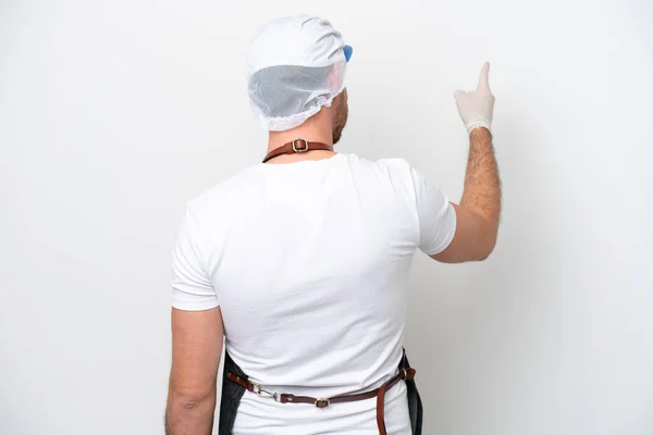 Fishmonger Man Wearing Apron Isolated White Background Pointing Back Index — Stockfoto